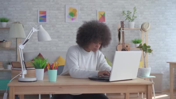 Donna afro-americana con un'acconciatura afro utilizza un computer portatile a casa — Video Stock