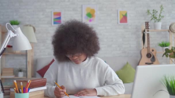Portrétní africká americká studentka s afroúčesu, usmívajíje se a dívá se na kameru — Stock video