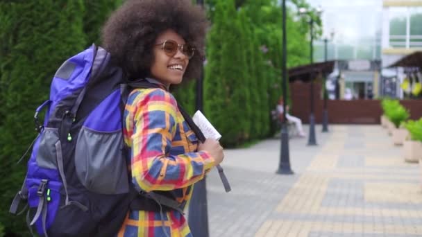 アフロヘアスタイルのリアビュースローモを持つアフリカの女性観光客 — ストック動画