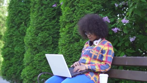 Mujer afroamericana con un peinado afro utiliza un ordenador portátil sentado en el banco en la calle lento mo — Vídeo de stock