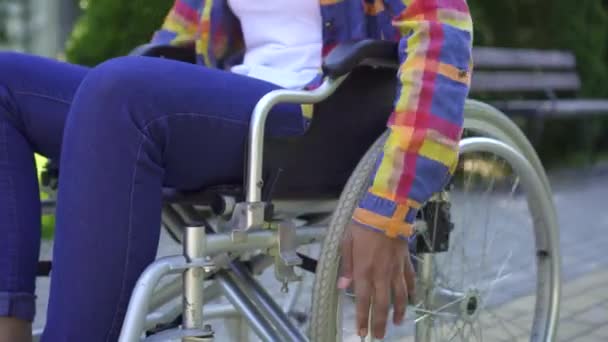 Primer plano de las manos de una joven africana discapacitada en una silla de ruedas en Park — Vídeos de Stock