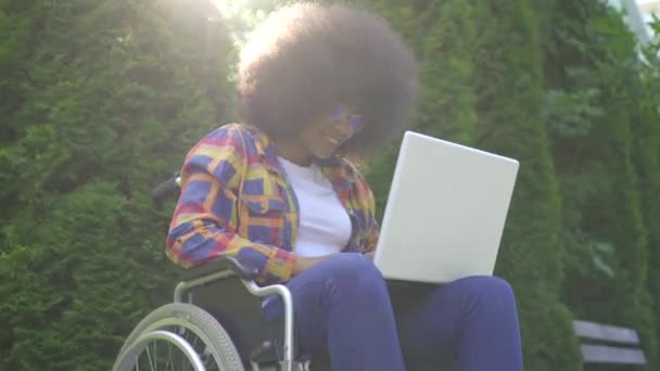 Sourire femme afro-américaine avec une coiffure afro handicapés dans un fauteuil roulant utilise une éruption de soleil ordinateur portable dans le parc — Video