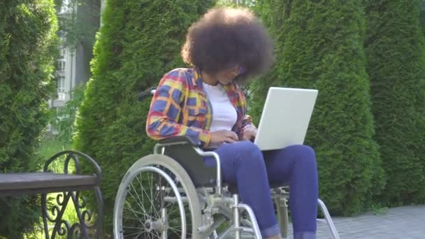 Mulher africana americana com um penteado afro desativado em uma cadeira de rodas usa um sunflare laptop no parque — Vídeo de Stock