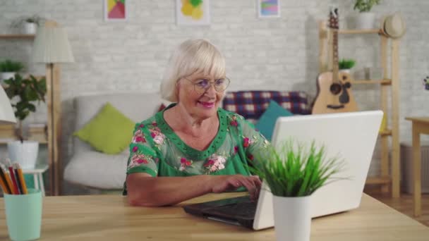 Vecchia donna utilizza un computer portatile mentre seduto in soggiorno — Video Stock