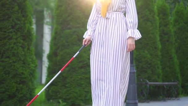 Porträt einer jungen schönen blinden Frau in einem Hijab mit einem Stock draußen an einem sonnigen Tag — Stockvideo