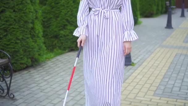 Mladá přitažlivá Muslimská žena zrakově postižený chodící holí v parku zblízka — Stock video