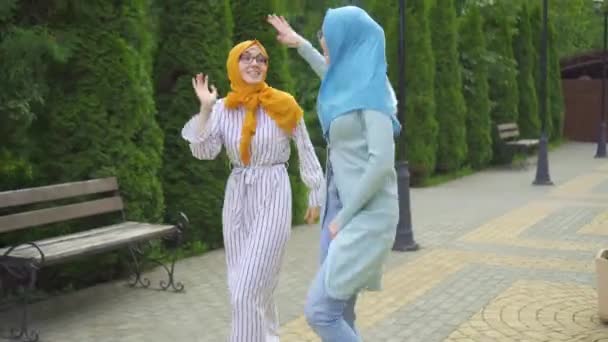 Zwei positive muslimische junge Frauen tanzen im Park — Stockvideo