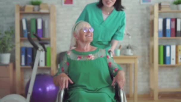 Retrato de una anciana sonriente en silla de ruedas — Vídeos de Stock