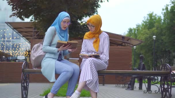 Zwei muslimische Studentinnen in traditionellen Tüchern mit Lehrbüchern in der Hand kommunizieren im Park — Stockvideo