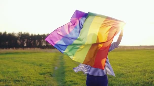 Jonge vrouw loopt over veld met LGBT vlag slow mo achteraanzicht — Stockvideo