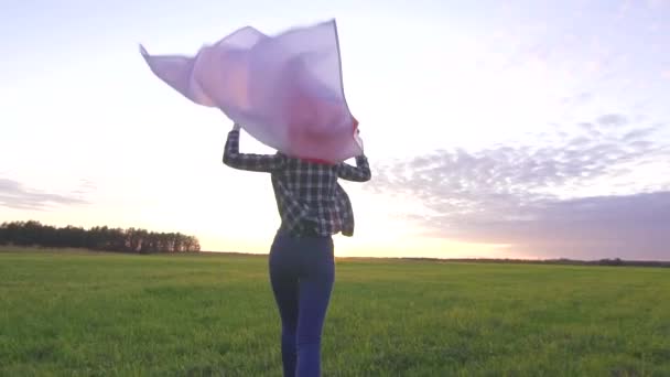 Jeune femme positive court à travers le champ au coucher du soleil avec le drapeau du Japon slow mo — Video