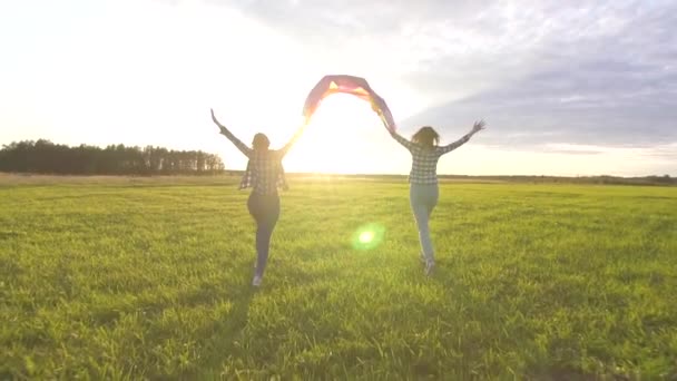 Zwei fröhliche junge lesbische Mädchen in Hemden laufen bei Sonnenuntergang mit einer lgbt-Fahne langsam über das Feld.