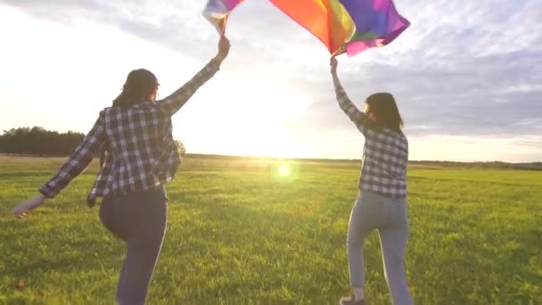 Duas jovens lésbicas alegres de camisas correm pelo campo ao pôr-do-sol com uma bandeira LGBT slow mo close — Vídeo de Stock