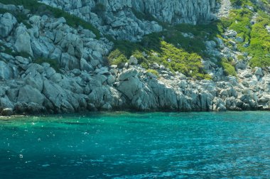 Dağ ve deniz. aşırı yetiştirilen kaya ile kıyı şeridi