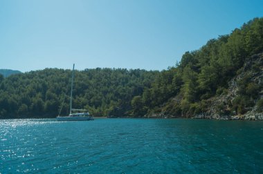Bir dağ ve ormanın kıyısına yakın teknede rekreasyon. Gemiye koy. yaz tatil seyahat