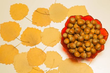 Fındık arka planı. Üst görünüm. Bir kasede fındık