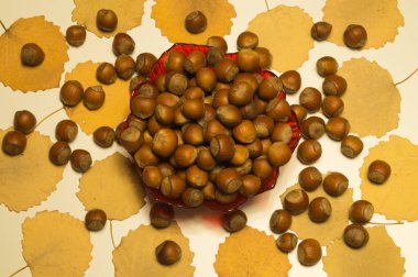 Fındık arka planı. Üst görünüm. Bir kasede fındık