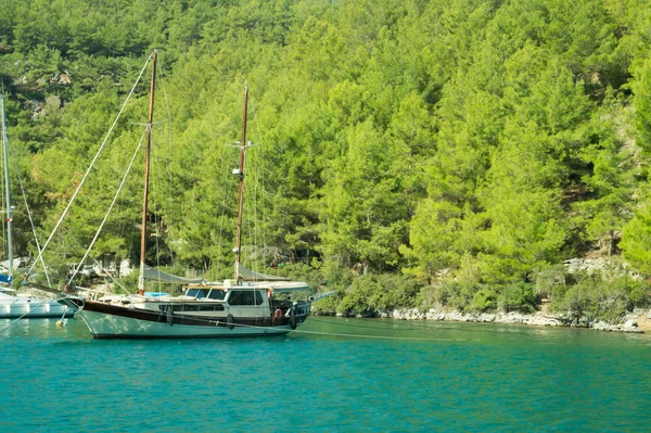 Recreación en el barco cerca de la orilla de una montaña y un bosque. Nave en la bahía. vacaciones de verano viajando — Foto de Stock