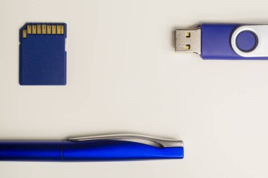 Mavi kalemle USB flash sürücü ve bellek kartı. Kopyalama alanı