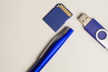 Mavi kalemle USB flash sürücü ve bellek kartı. Kopyalama alanı