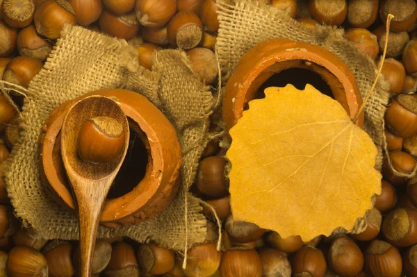 Pentola di miele con cucchiaio di legno e noci — Foto Stock