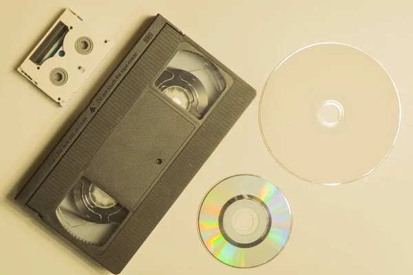 Various media types. compact disc. video tape. digital video cassette