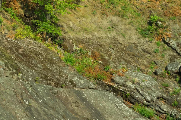 Rocha de pedra em camadas coberto com grama e musgo. textura de pedras rochas — Fotografia de Stock