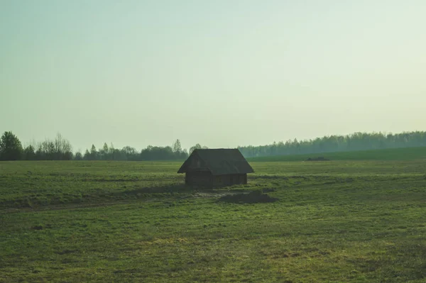 Velha casa de madeira no campo. a casa fica sozinha no campo — Fotografia de Stock