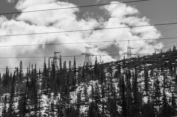 山の風景の背景。雪の丘と森。山の送電線 — ストック写真
