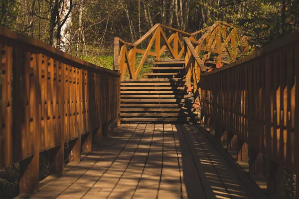 Fából készült lépcsőház a parkban. az erdőben lévő fából készült lépcsők — Stock Fotó
