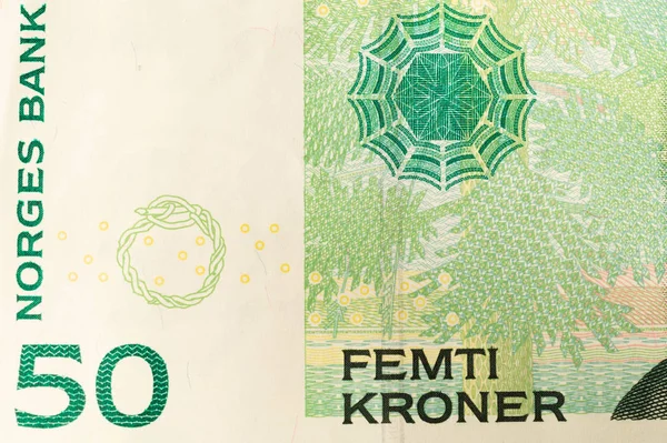 Fifty norwegian kroner close up. detail of norwegian banknote