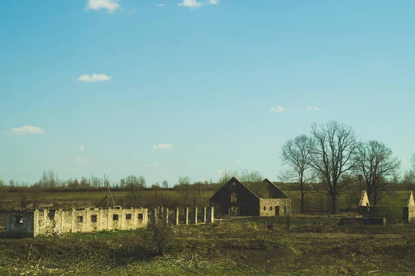 Ormanda terk edilmiş eski bir bina. harap cowshed — Stok fotoğraf