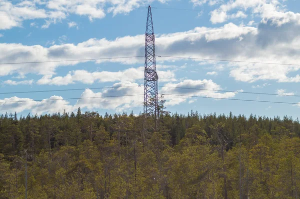 Stromleitungsmasten im Wald. Hochspannungsmast am Himmel — Stockfoto