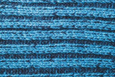 Mavi kumaş dokusu. Örülmüş tekstil geçmişi. Dokuma malzemesi. Yakın çekim. Yün ipliğinden örgü örmek