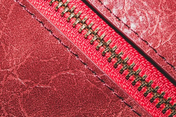 Δερμάτινη Κόκκινη Υφή Φερμουάρ Υλικό Ραφές Μακροεντολή Φόντο — Φωτογραφία Αρχείου