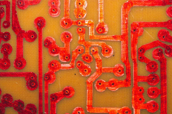 Handmade Circuit Board Red Soldered Tracks Industrial Background Textolite Soldering — Stock Photo, Image