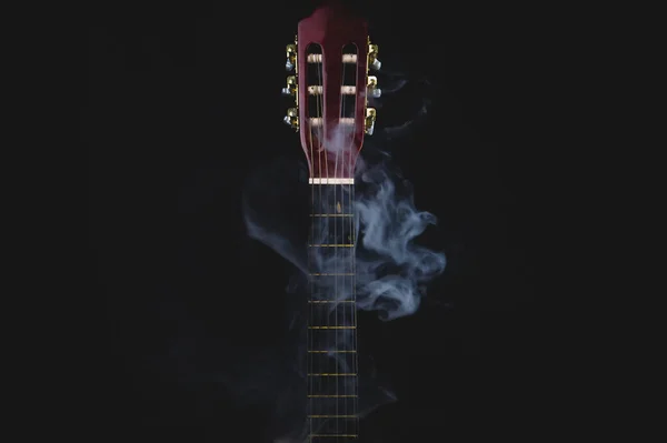 Guitar Smoke Black Background Acoustic Musical Instrument Strings Guitar Neck — Stock Photo, Image