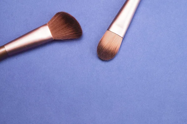 Makeup Brushes Blue Background Various Cosmetic Brushes Close Skin Care — Stock Photo, Image