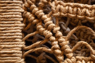 Hasır iplik makrosu. Örgü örüyorum. soyut örülmüş arkaplan