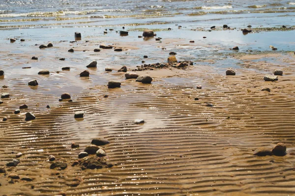Камені Хвилястому Вологому Піску Галька Березі Моря Крупним Планом Абстрактний — стокове фото