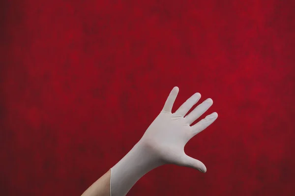 Palm Hand Medical Glove Gesturing Hand White Protective Glove Red — Stock Photo, Image