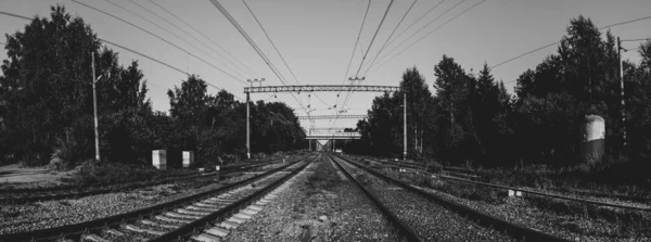 Järnvägsspåren Perspektiv Svart Och Vitt Stålskenor Går Fjärran — Stockfoto
