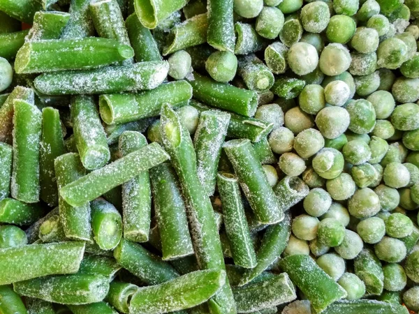 Groene Bevroren Bonen Erwten Closeup Bevroren Gesneden Groene Frans Bean — Stockfoto