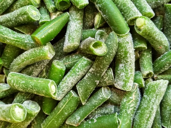Groene Bevroren Bonen Closeup Bevroren Gesneden Groene Frans Bean Haricot — Stockfoto
