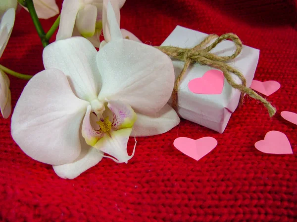 Orchidea e cuori su stoffa rossa, sfondo di San Valentino, giorno del matrimonio . — Foto Stock