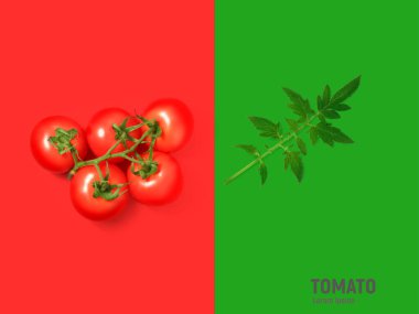 Kırmızı ve yeşil arkaplanda domates ve domates yaprakları.