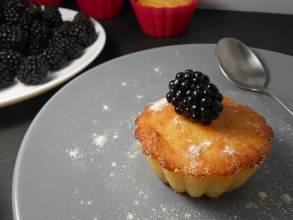 Blackberry Muffins Mit Puderzucker Und Frischen Beeren — Stockfoto