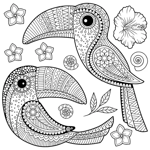 Livre à colorier pour adultes. Toucan parmi les feuilles et les fleurs tropicales . — Image vectorielle