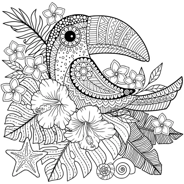 Χρωματισμός βιβλίο για ενήλικες. Toucan ανάμεσα σε τροπικά φύλλα και λουλούδια. — Διανυσματικό Αρχείο