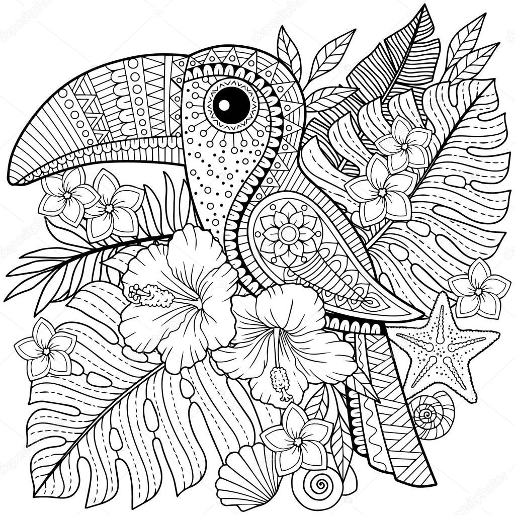 Coloring book for adults. Toucan among tropical leaves and flowers.